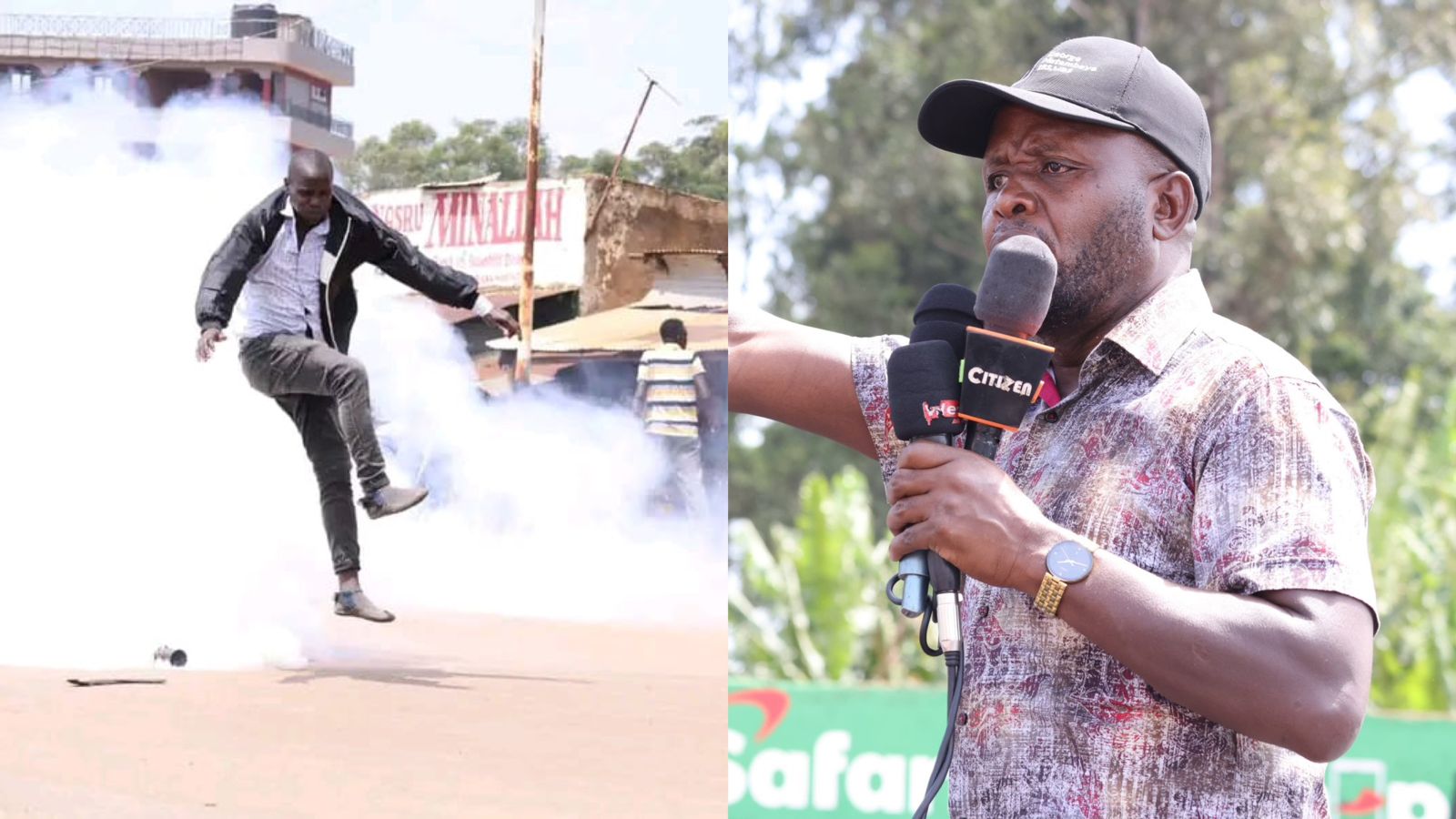 File image of a protestor and Trans Nzoia Governor George Natembeya
