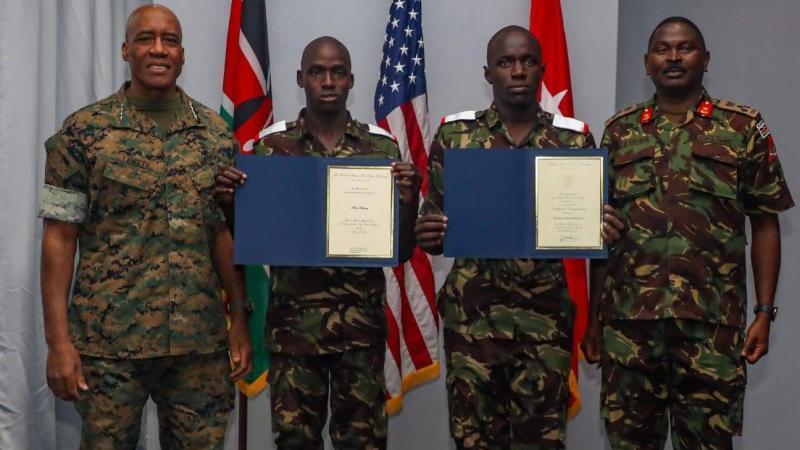File image of USAFRICOM Commander General Michael Langley, Cadets Moses Kipsang and Philemon Munjuri, and Brigadier Peter Kimondiu