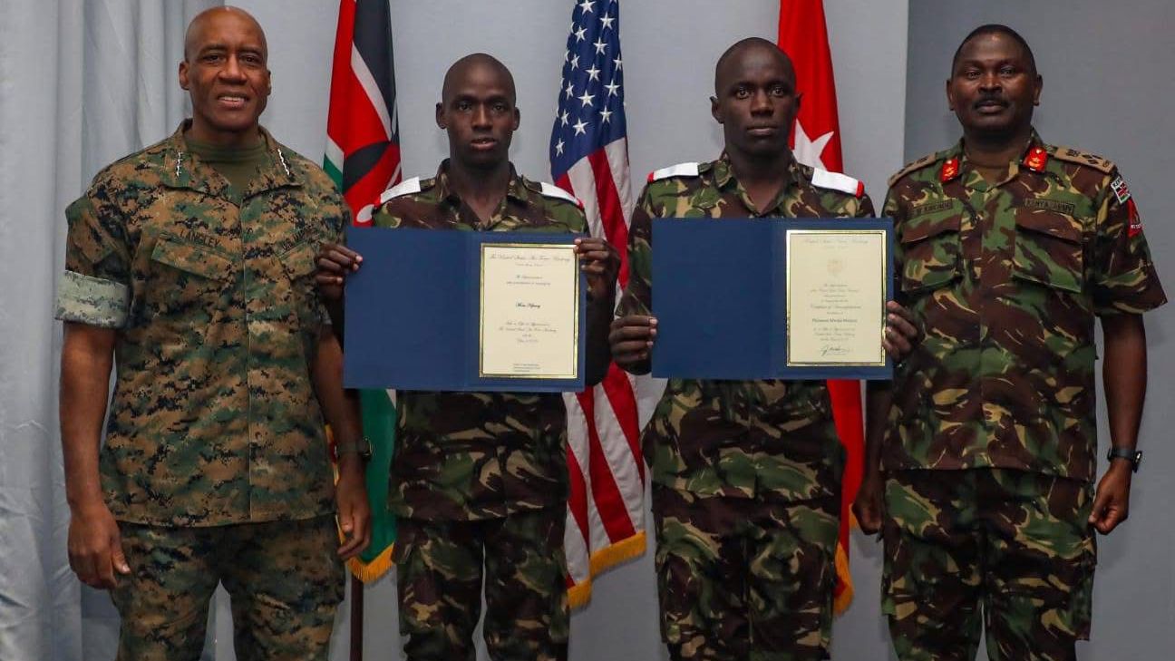 File image of USAFRICOM Commander General Michael Langley, Cadets Moses Kipsang and Philemon Munjuri, and Brigadier Peter Kimondiu