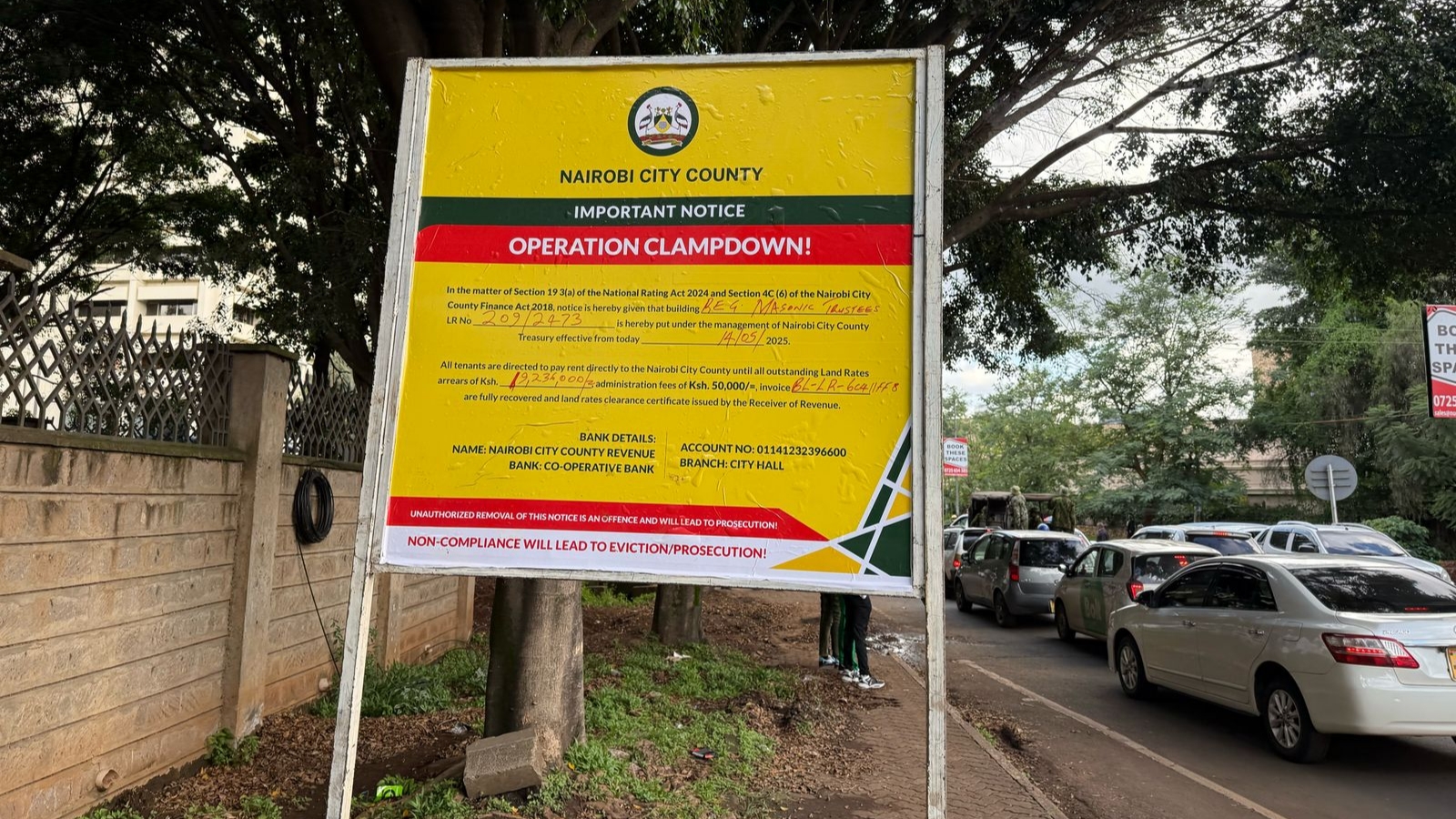 Nairobi County notice at the Freemasons' Hall entrance