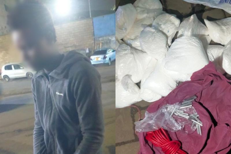 Collage photo of a terror suspect arrested in Nairobi and explosives.