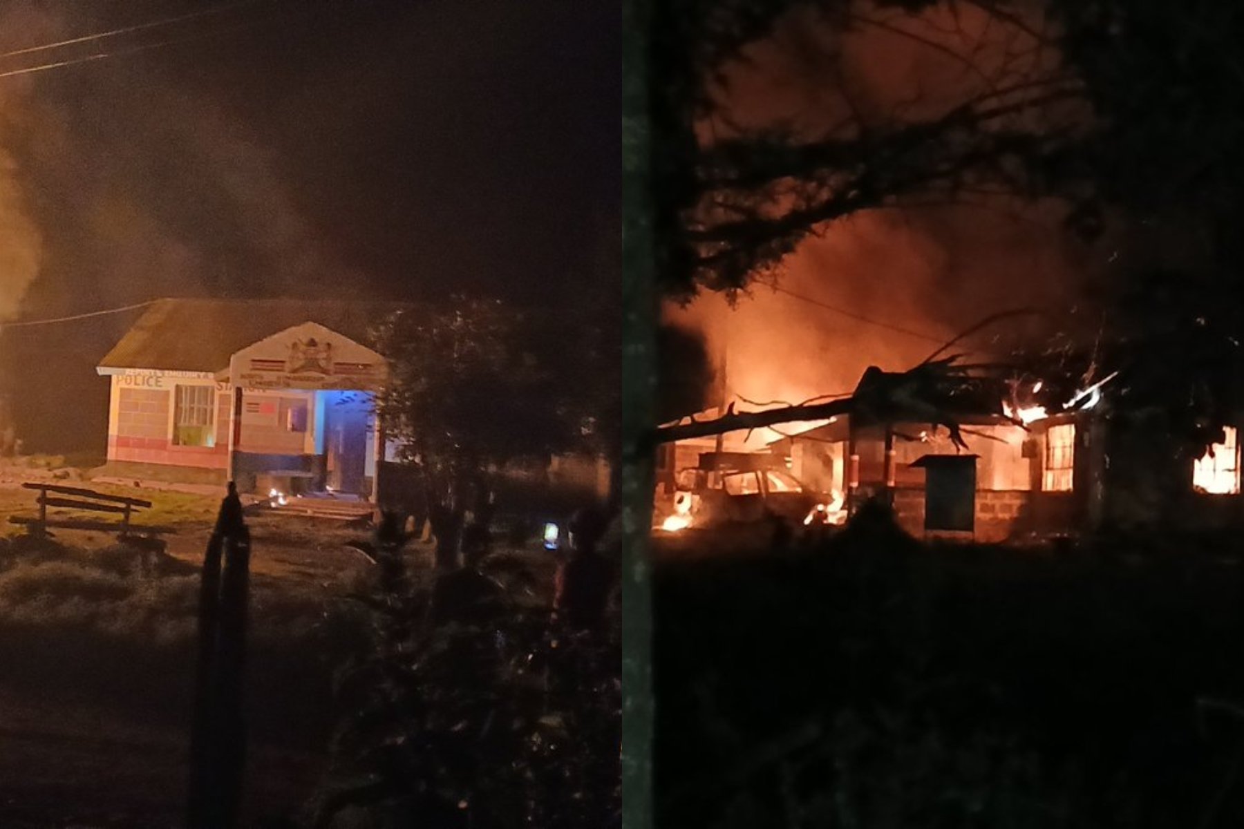 Photocollage of the Ndunyu Njeru Police Station on fire.