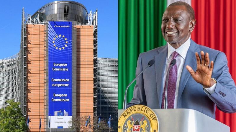 File image of European Commission headquarters and President William Ruto