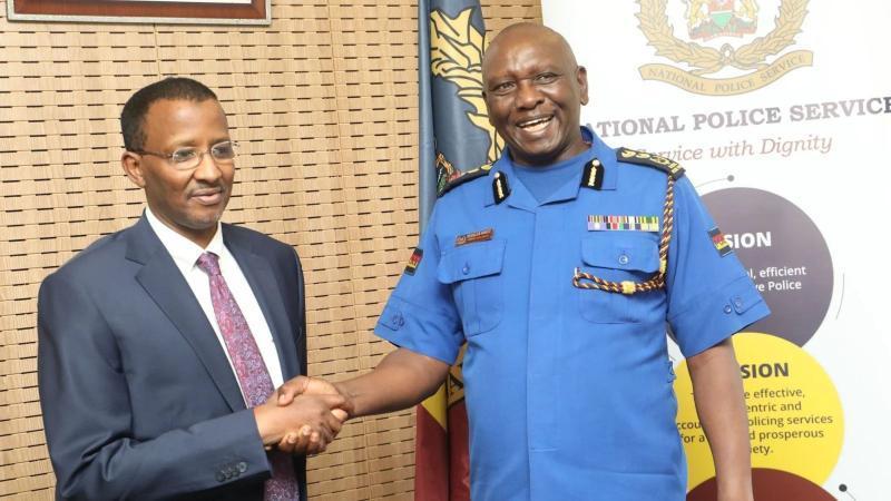 File image of IPOA Chair Issack Hassan and the Inspector General of Police, Douglas Kanja.