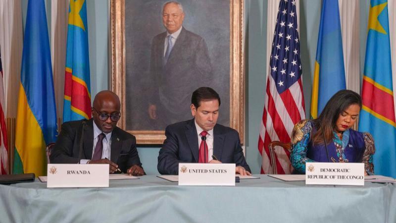 File image of U.S. Secretary of State Marco Rubio with Rwanda and DRC government officials