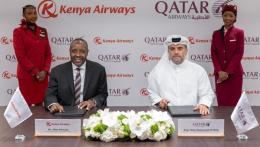 File image of Qatar Airways Group Chief Executive Officer Engr. Badr Mohammed Al-Meer and Kenya Airways Group Managing Director and CEO Allan Kilavuka
