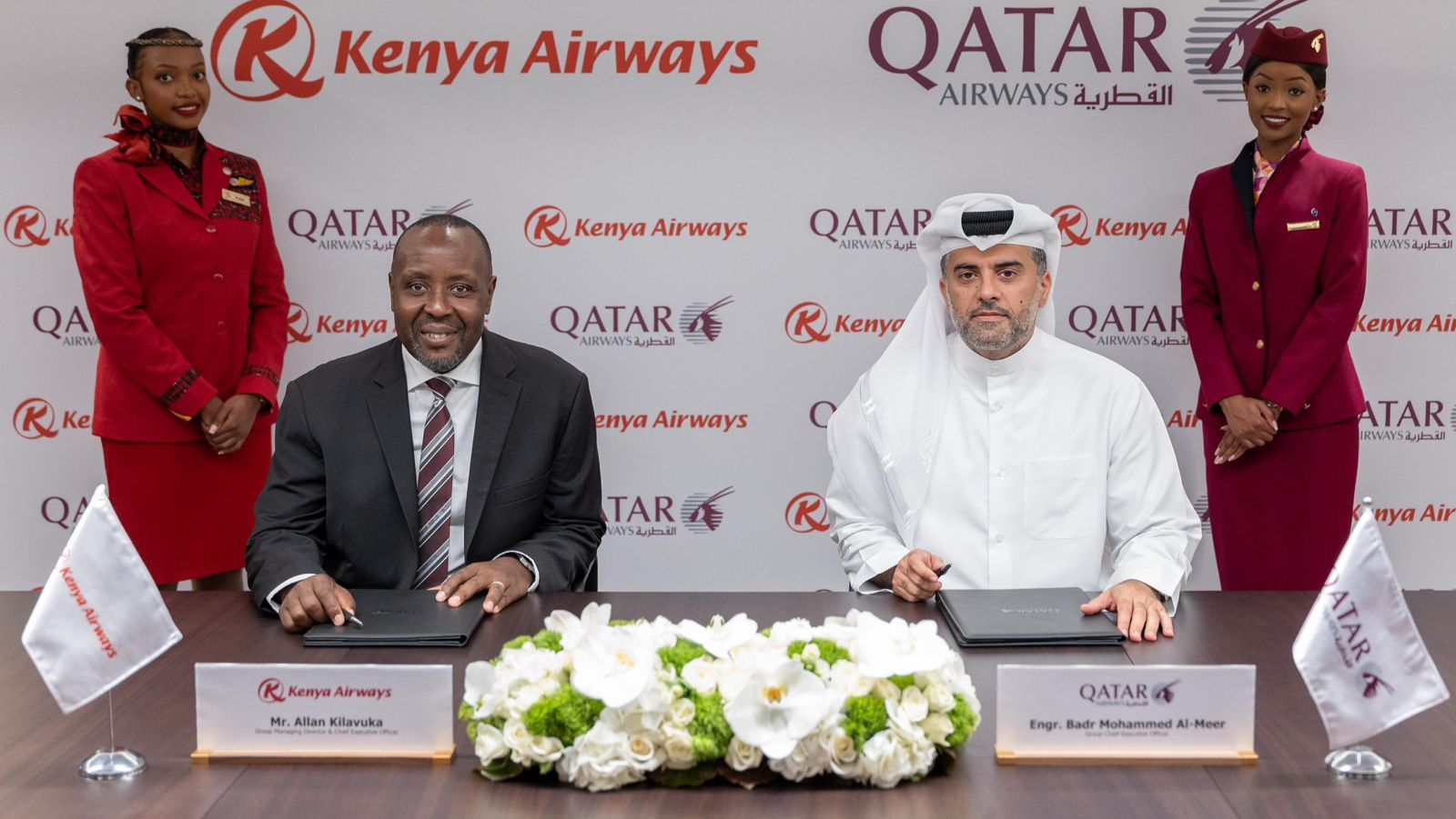 File image of Qatar Airways Group Chief Executive Officer Engr. Badr Mohammed Al-Meer and Kenya Airways Group Managing Director and CEO Allan Kilavuka