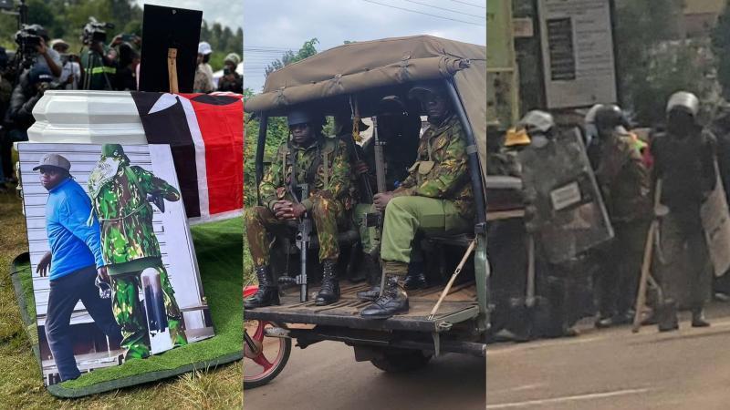 File image of Boniface Kariuki's casket and police officers