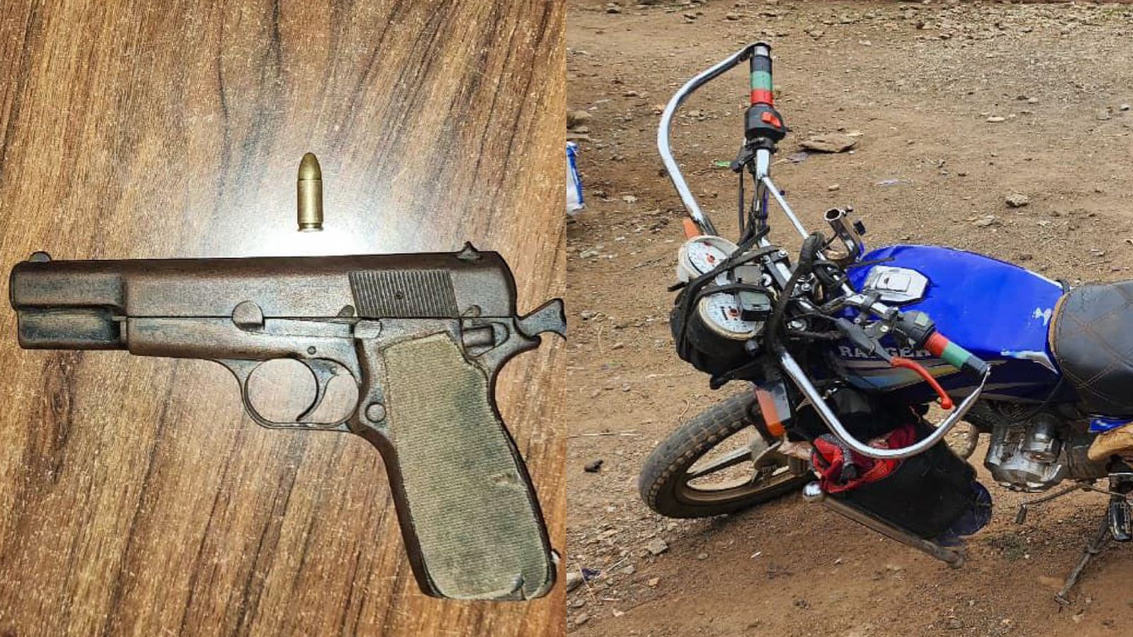 File image of a firearm and motorcycle recovered from suspects in Kiambu