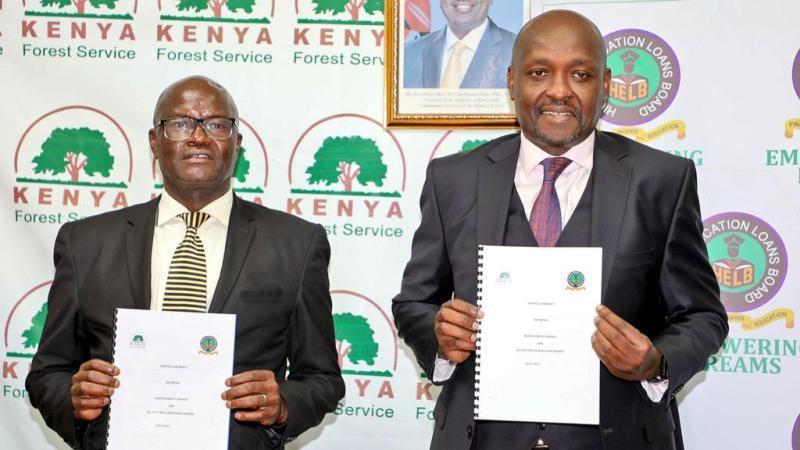 File image of Clement Ng’oriareng and HELB CEO Geoffrey Monari
