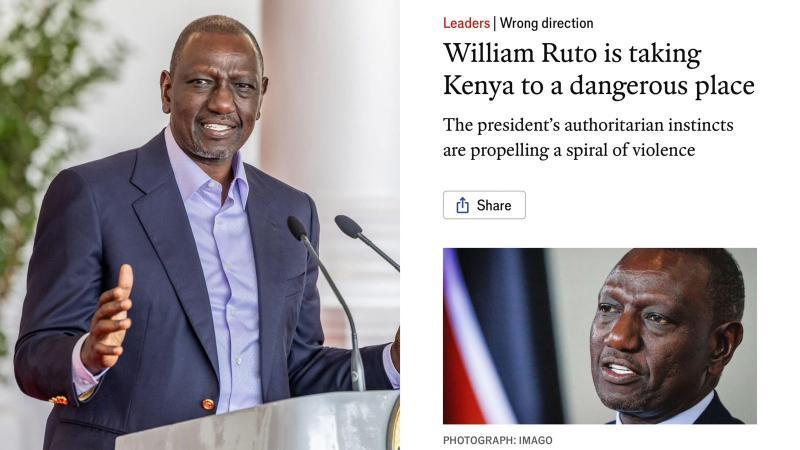 File image of President William Ruto and The Economist article