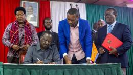 File image of ODM leader Raila Odinga, Secretary General Edwin Sifuna and other ODM officials during the signing of the UDA-ODM MoU