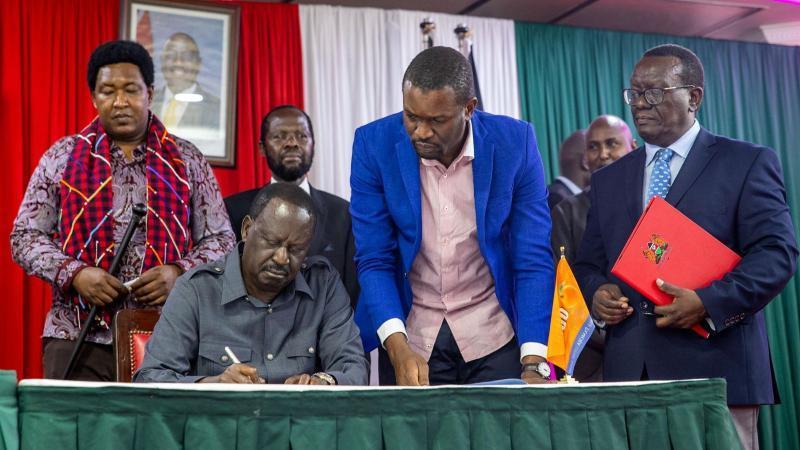 File image of ODM leader Raila Odinga, Secretary General Edwin Sifuna and other ODM officials during the signing of the UDA-ODM MoU