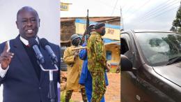 File image of former Deputy President Rigathi Gachagua, police officers and a vandalized vehicle