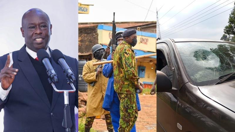 File image of former Deputy President Rigathi Gachagua, police officers and a vandalized vehicle
