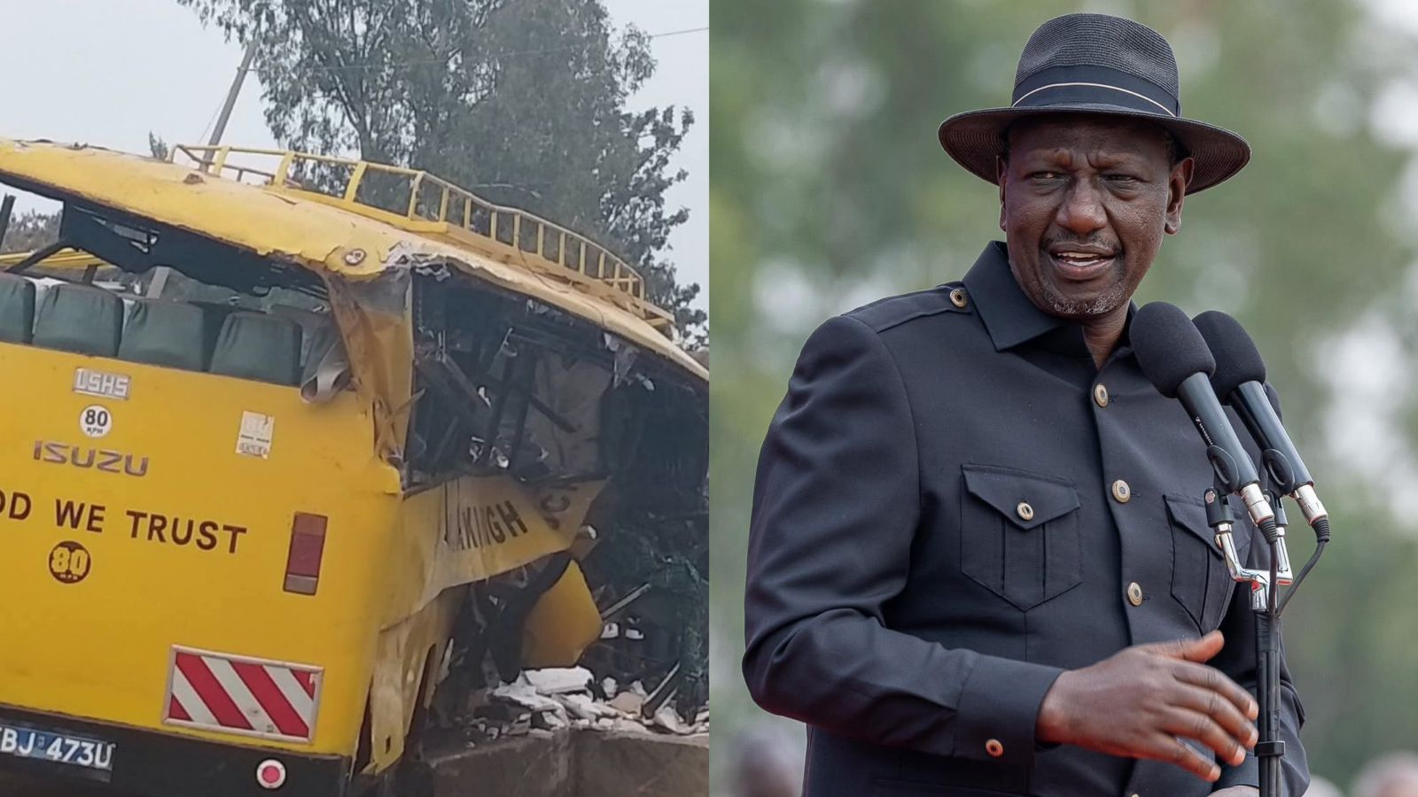 File image of the ill-fated bus and President William Ruto