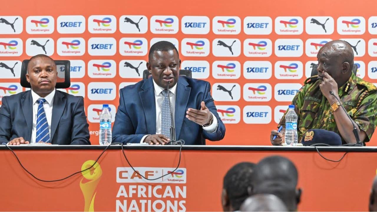 File image of Sports Principal Secretary Elijah Mwangi, Sports Cabinet Secretary Salim Mvurya and Inspector General of Police Douglas Kanja