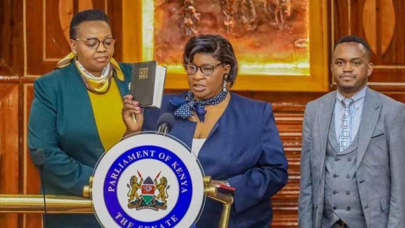 File image of Consolate Nabwire being sworn in at the Senate.
