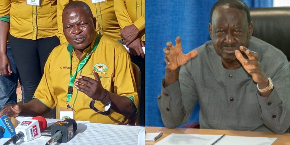 A collage of KUPPET Secretary General Akelo Misori and ODM leader Raila odinga.