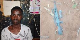 A collage of an arrested suspect and an illegal firearm.
