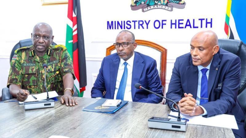 File image of the Inspector General of Police Douglas Kanja, Health Cabinet Secretary Aden Duale and DCI boss Mohamed Amin