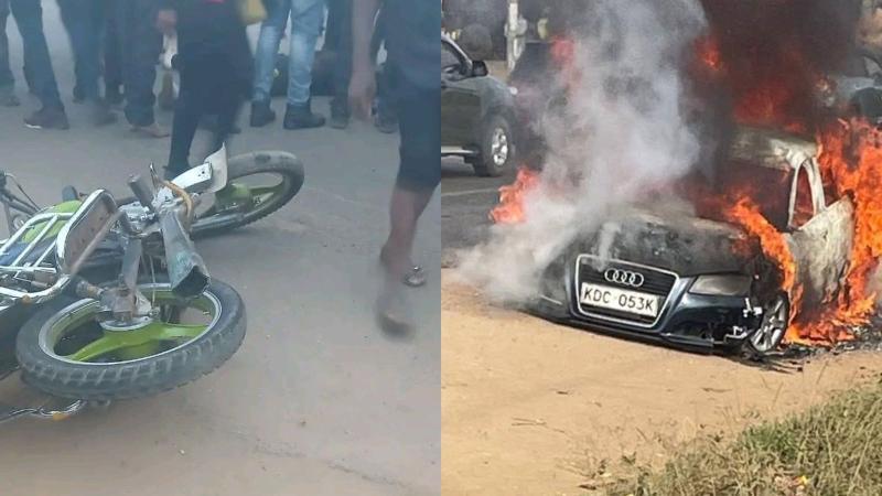 File image of the officer's torched vehicle and a motorcycle