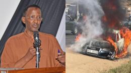 File image of IPOA Chairperson Ahmed Issack Hassan and the officer's torched vehicle