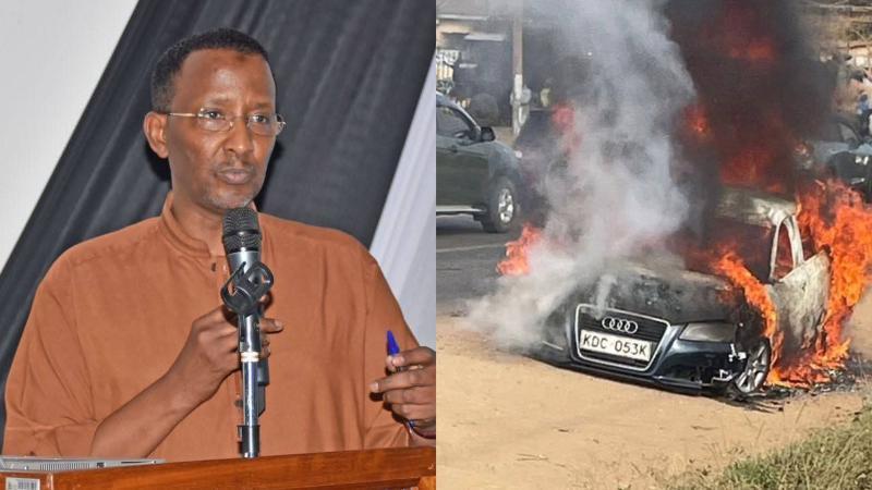 File image of IPOA Chairperson Ahmed Issack Hassan and the officer's torched vehicle