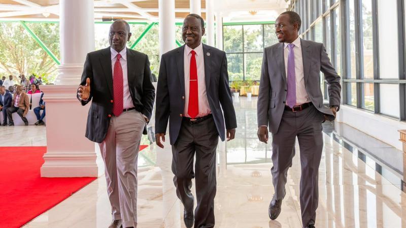 File image of President William Ruto, ODM leader Raila Odinga and Kisii Governor Simba Arati