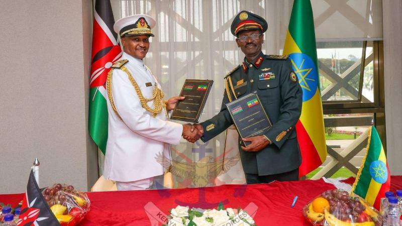 File image of KDF CDF General Charles Kahariri and Ethiopian National Defence Forces Chief Field Marshall Birhanu Jula