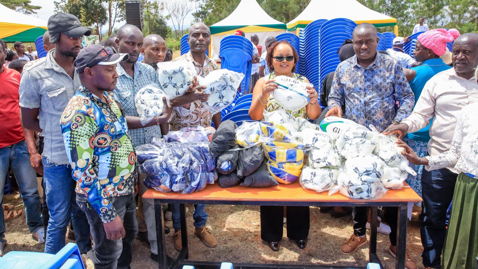 File image of Governor Anne Waiguru distributing balls to local teams