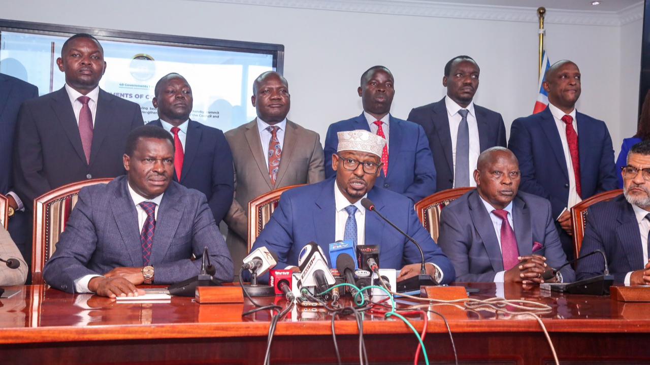 File image of the Council of Governors led by Wajir Governor Ahmed Abdullahi and Nyeri Governor Mutahi Kahiga