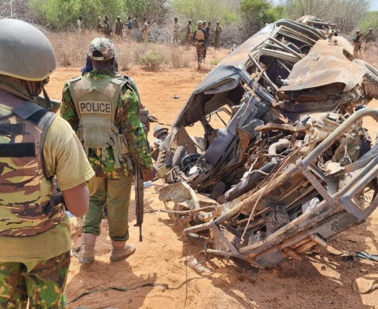 File image of a police vehicle after an IED explosion.