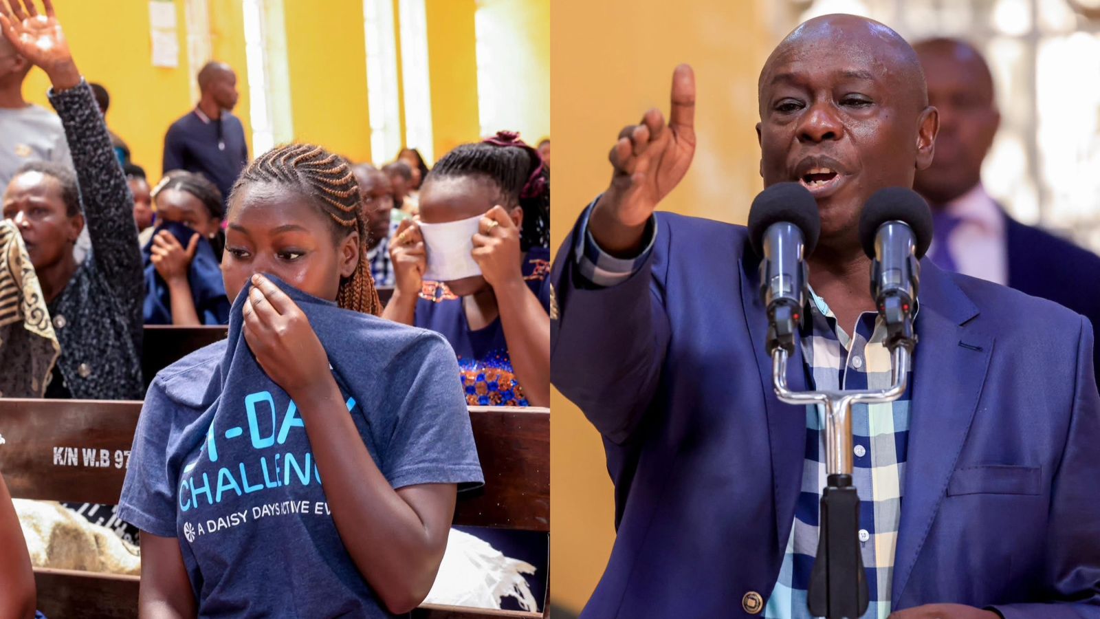 File image of tear-gassed church members and Rigathi Gachagua