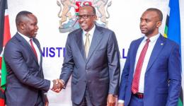 File image of KUCO Secretary General George Gibore, Health Cabinet Secretary Aden Duale and KUCO National Chairman Peterson Wachira