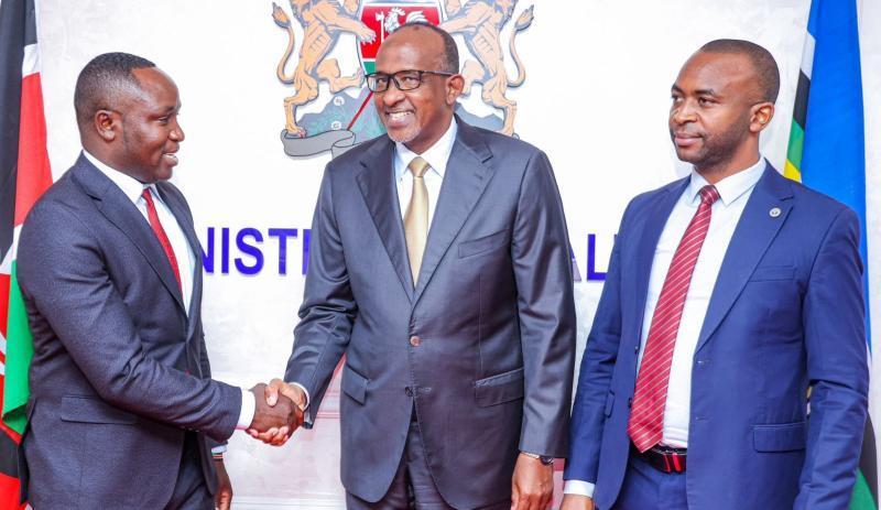 File image of KUCO Secretary General George Gibore, Health Cabinet Secretary Aden Duale and KUCO National Chairman Peterson Wachira