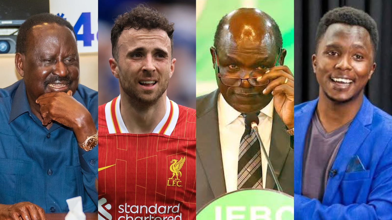 File image of Raila Odinga, Diogo Jota, Wafula Chebukati and Kimani Mbugua