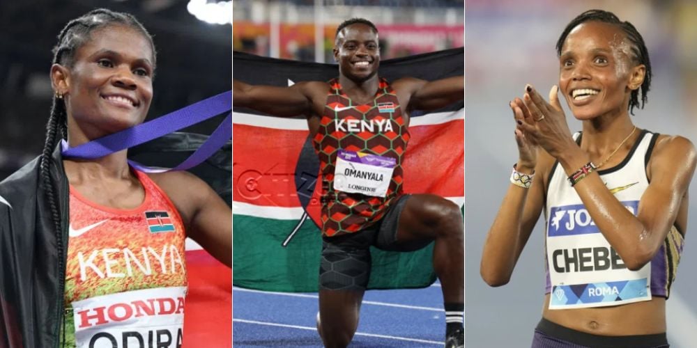 A collage of Lilian Odira. Ferdinand Omanyala, and Beatrice Chebet.