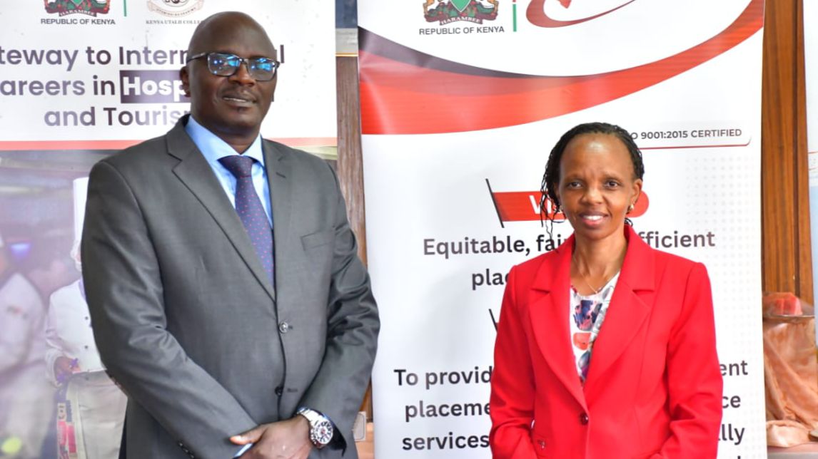 File image of KUCCPS CEO Agnes Mercy Wahome and Kenya Utalii College Principal Mark Rachuonyo