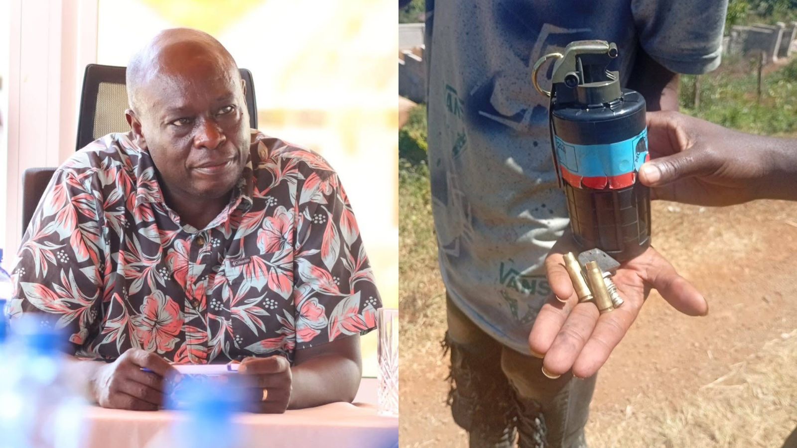 File image of former Deputy President Rigathi Gachagua, a teargas canister and bullet cartridges