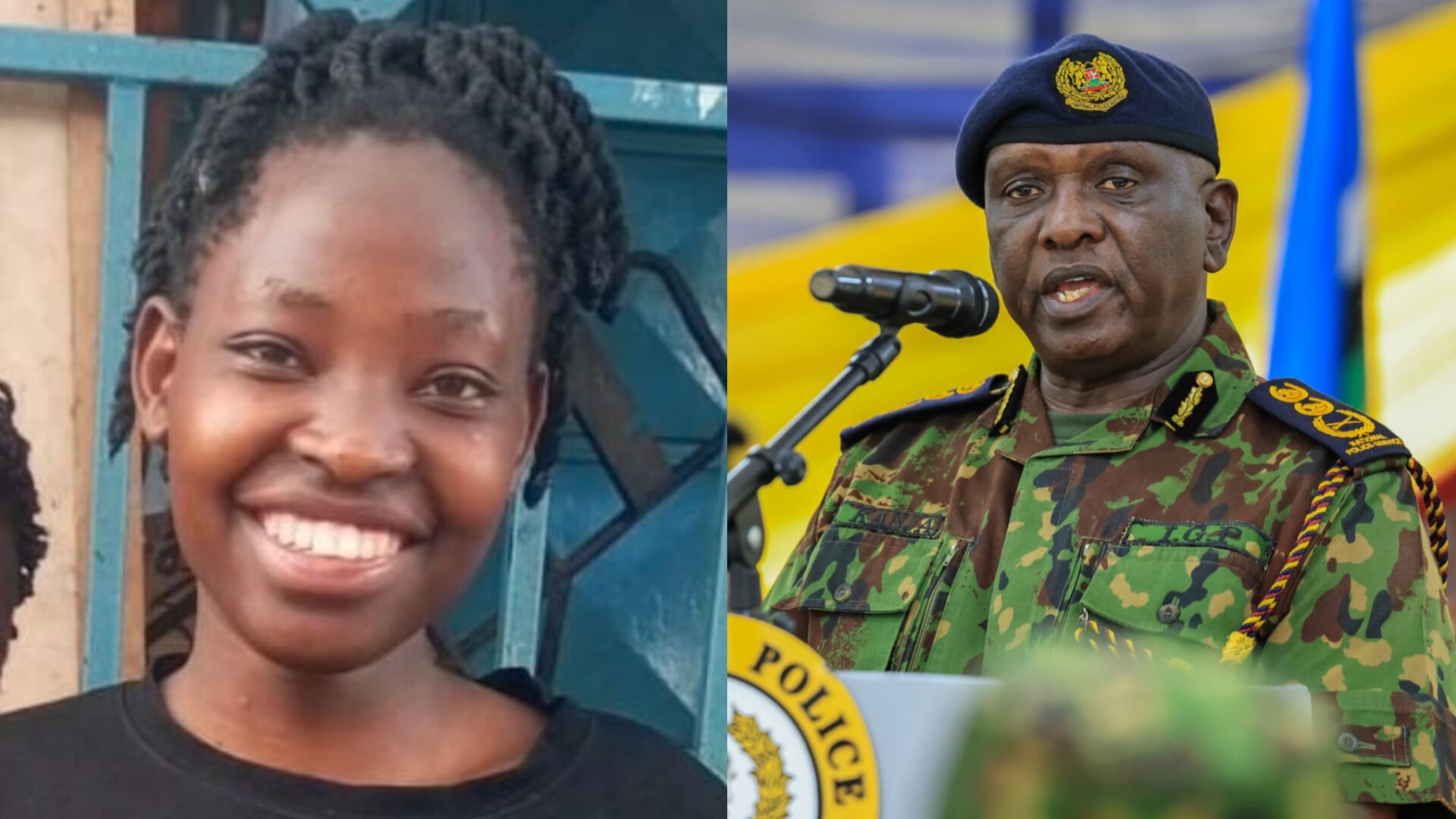 File image of Sheryl Adhiambo and Inspector General of Police Douglas Kanja