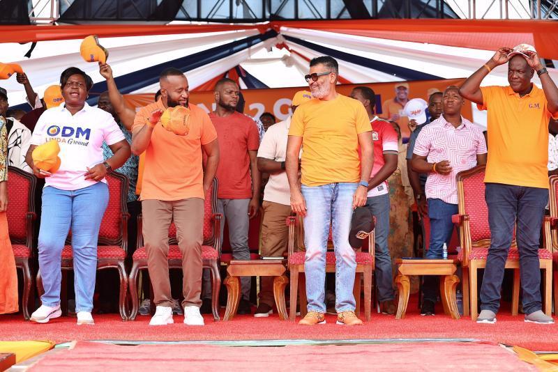 A file image of ODM Chair Gladys Wanga, CS Hassan Joho, Governor Abdulswamad Nassir and Governor Gideon Mung'aro during a campaign in Mombasa.