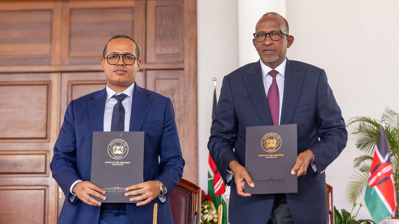 File image of AMSONS Group CEO Edha Nahdi and Health Cabinet Secretary Aden Duale