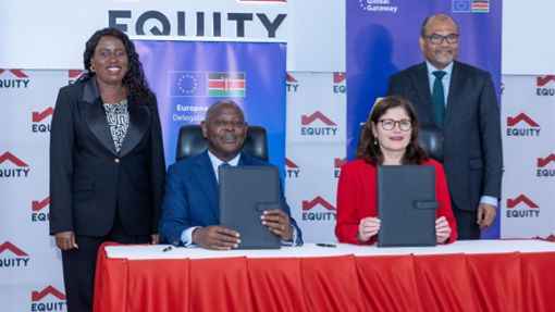 File image of Equity Group Foundation Executive Chairman and Group Managing Director and CEO, James Mwangi, and the European Union Ambassador to Kenya, Henriette Geiger