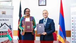 File image of Diaspora Affairs Principal Secretary Roseline Njogu and Armenia High Commissioner for Diaspora Affairs Zareh Sinanyan