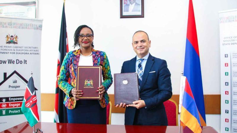File image of Diaspora Affairs Principal Secretary Roseline Njogu and Armenia High Commissioner for Diaspora Affairs Zareh Sinanyan