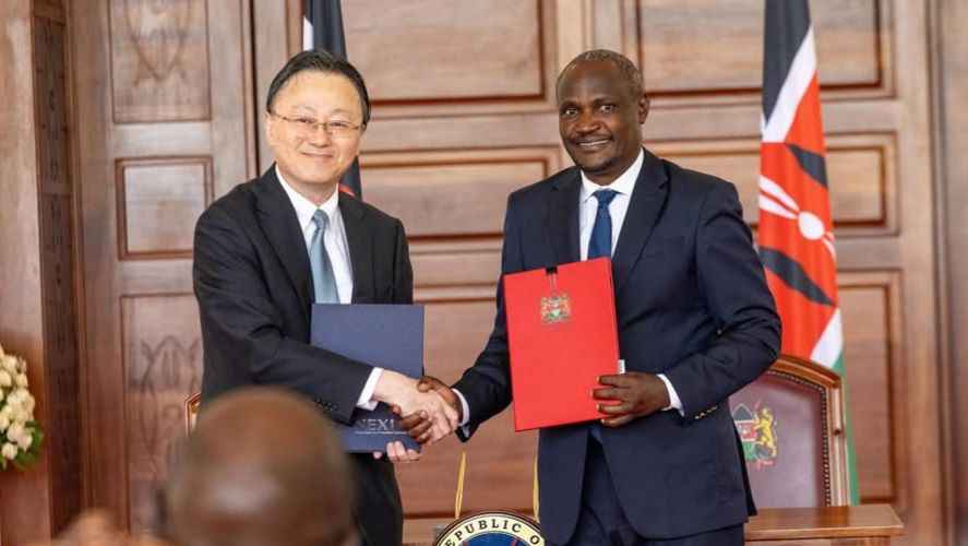 File image of Japan's NEXI CEO Atsuo Kuroda and Treasury Cabinet Secretary John Mbadi