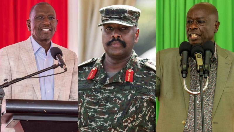 File image of President William Ruto, Uganda's Chief of Defence Forces General Muhoozi Kainerugaba and former Deputy President Rigathi Gachagua