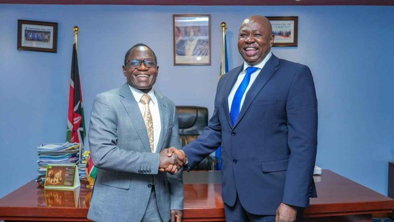 File image of Charles Owino and Broadcasting and Telecommunications Principal Secretary Stephen Isaboke