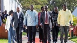 File image of President William Ruto and ODM leader Oburu Oginga arriving for the Joint Broad-Based Coalition Parliamentary Group meeting in Naivasha